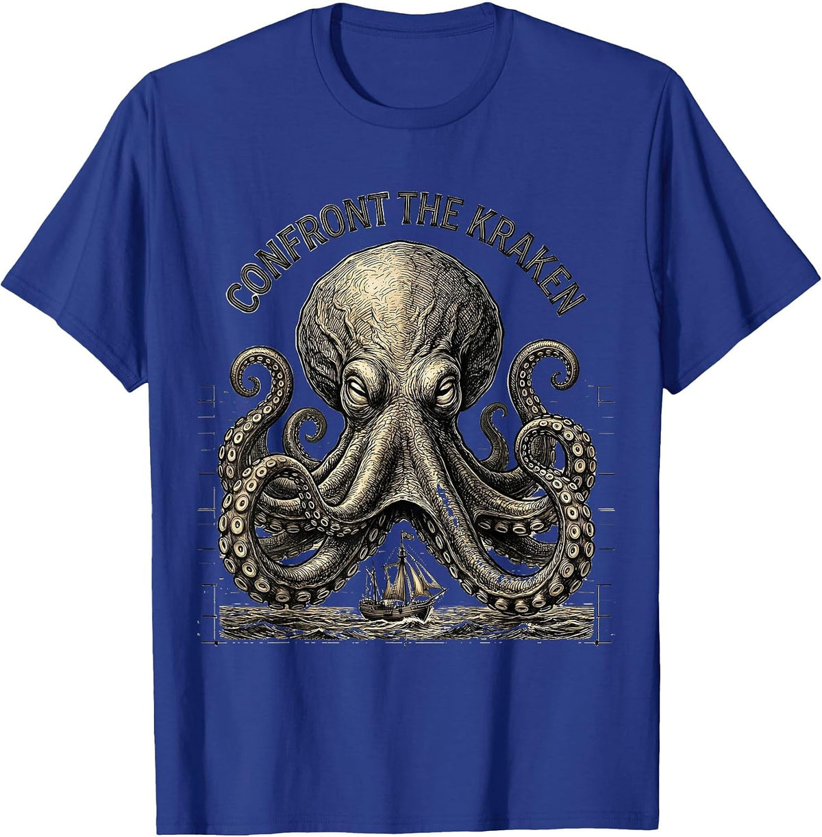 Confront The Kraken Vintage Illustration Octopus Lover Sea T-Shirt - Royal Blue