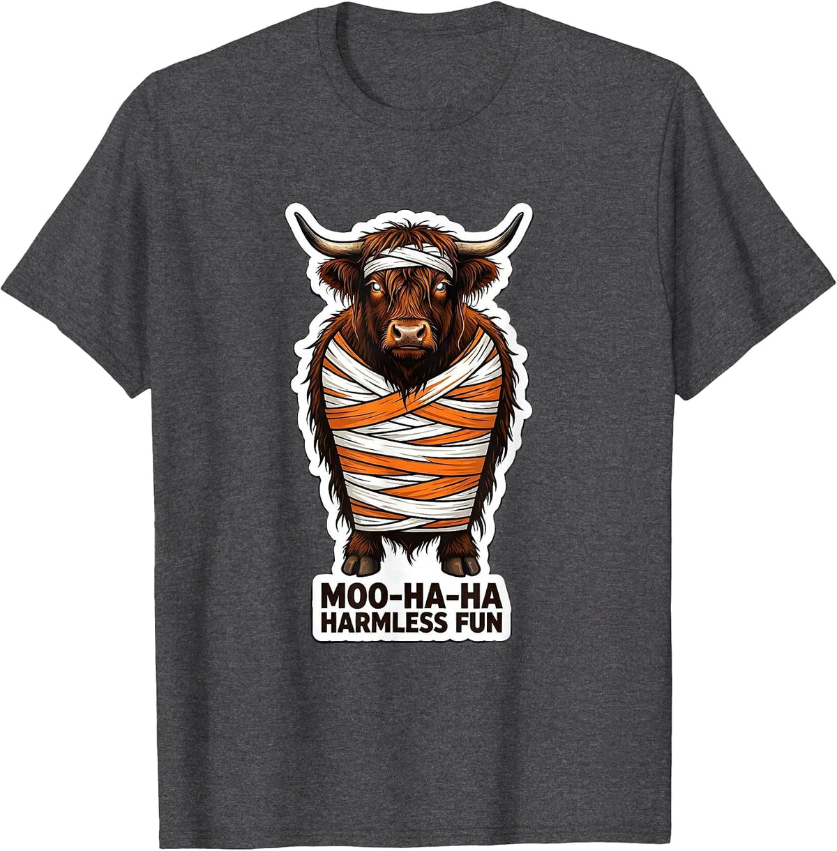 Moo-Ha-Ha, Harmless Fun Whimsical Highland Cow Halloween T-Shirt - Dark Heather Grey