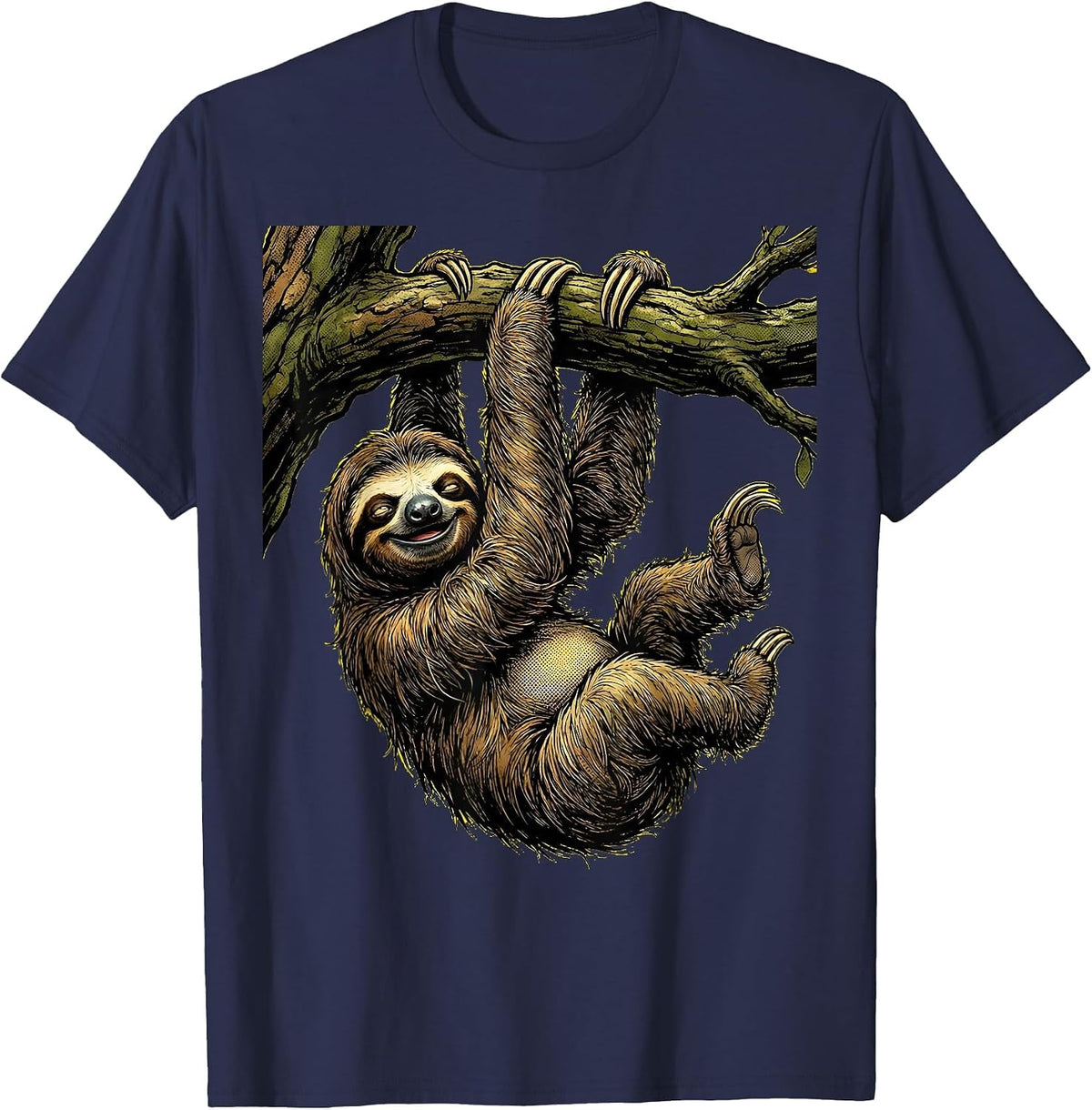 Men's Lazy Sloth Hanging From Tree Branch T-Shirt - Navy Blue
