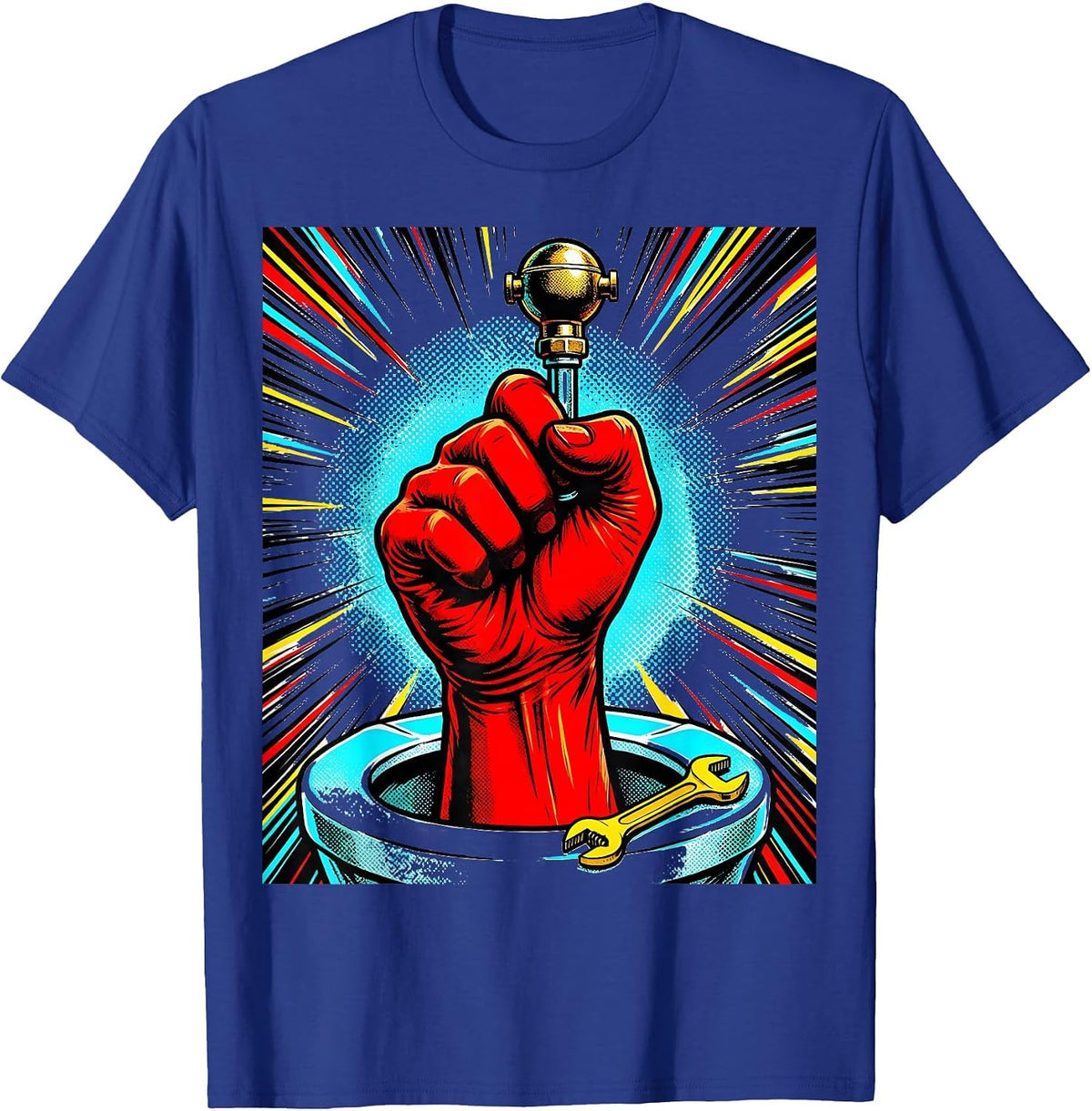 Oversized Comic Gloved Hand Plumber Humor T-Shirt - Royal Blue