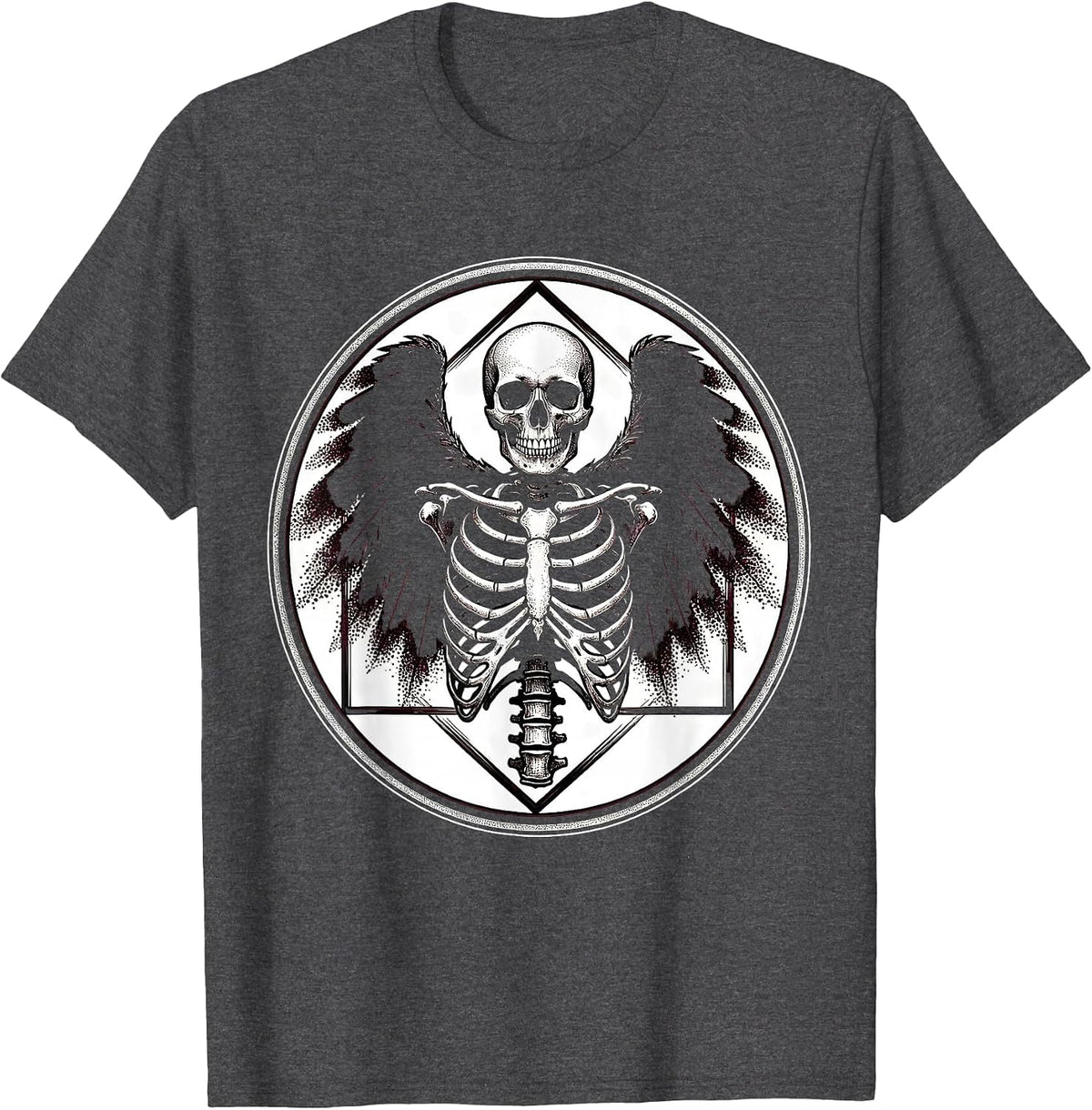 Men's Crow Skeleton Wings Spread Dark Gothic Art T-Shirt - Dark Heather Grey