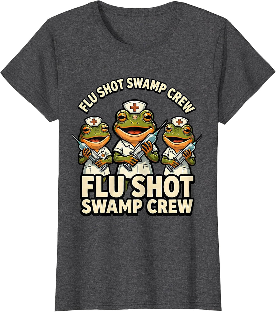 Women's Flu Shot Swamp Crew Funny Nurse Halloween Vaccine Humor T-Shirt - Dark Heather Grey