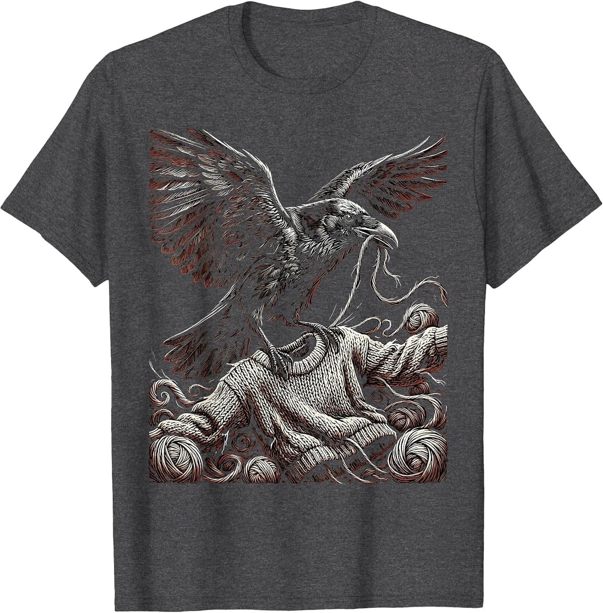 Crow Unraveling Sweater Funny Bird Art T-Shirt - Dark Heather Grey