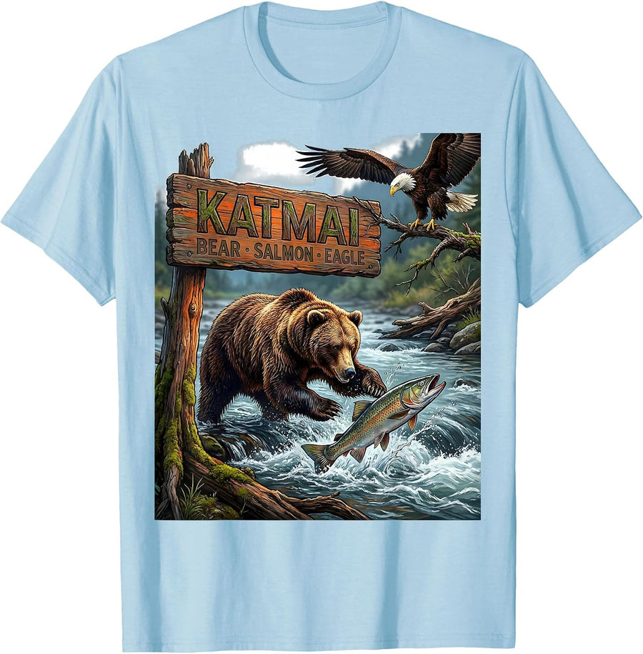Men's Katmai — Bear, Salmon, Eagle Alaska Wildlife Souvenir State T-Shirt - Baby Blue