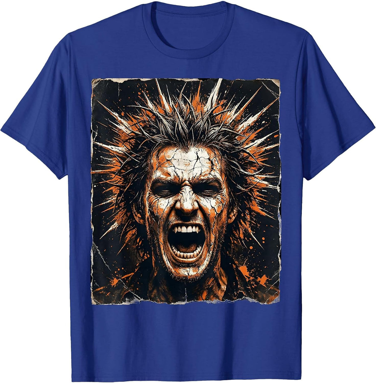 Punk Rock Screaming Face Wild Spiked Hair Design T-Shirt - Royal Blue