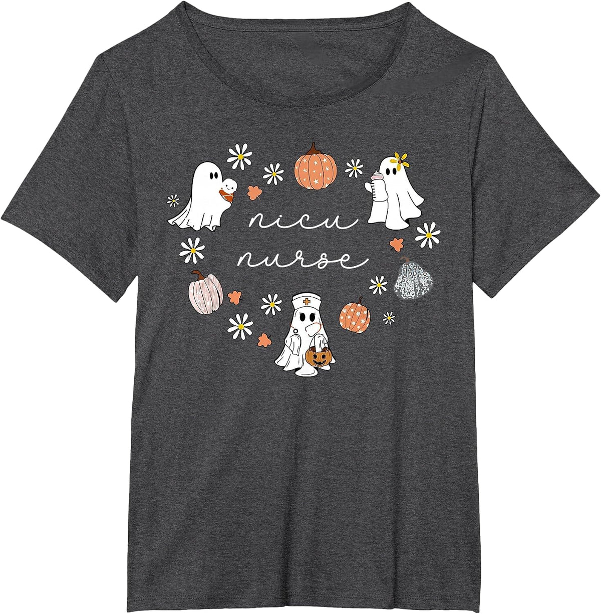 NICU Nurse Halloween Ghosts Pumpkin Floral Fall Neonatal ICU T-Shirt - Dark Heather Grey