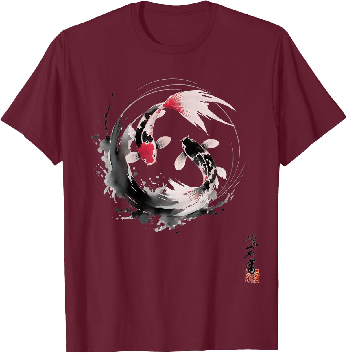 Yin and Yang Japanese Koi Fish Vintage T-Shirt - Burgundy