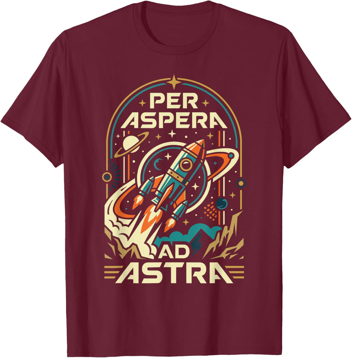 Aspera Ad Astra Vintage Rocket Ship Space Travel T-Shirt - Burgundy