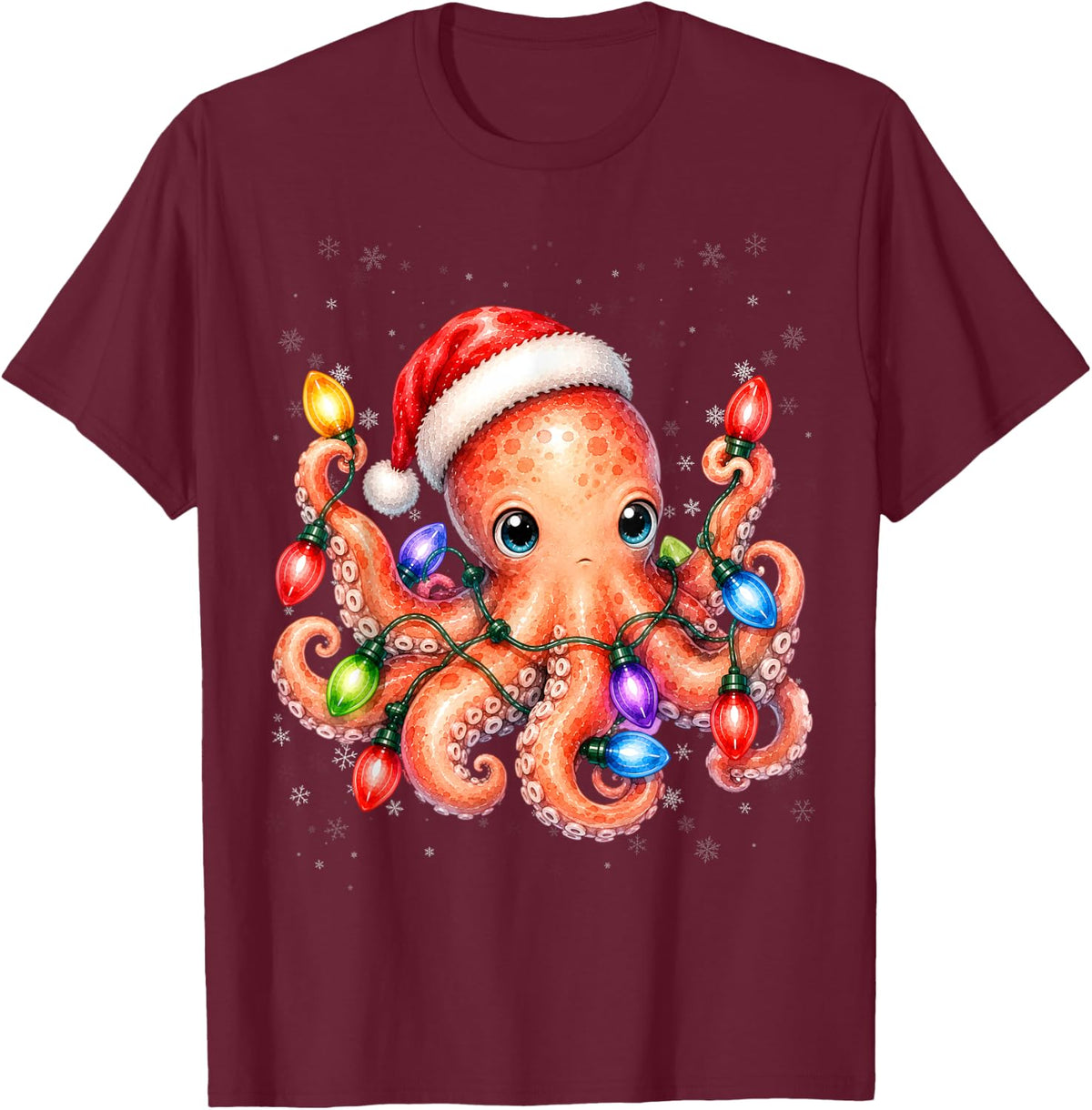 Octopus Christmas Lights Holiday Sea Animal Design T-Shirt - Burgundy