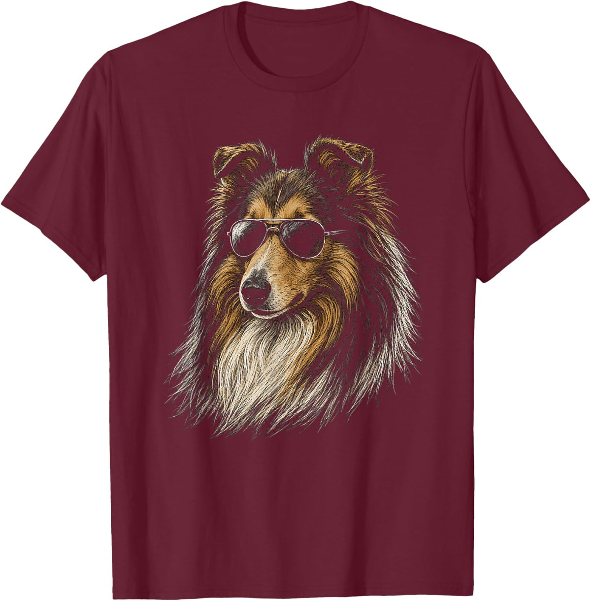 Rough Collie with Sunglasses Artwork Design T-Shirt - Burgundy