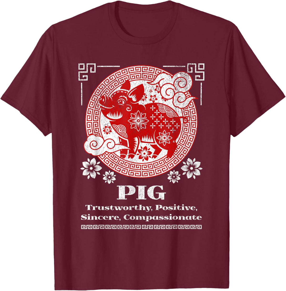 Chinese Zodiac Pig T-Shirt - Red, Small, Short Sleeve, Mandarin Collar, Unisex-Adult - Burgundy