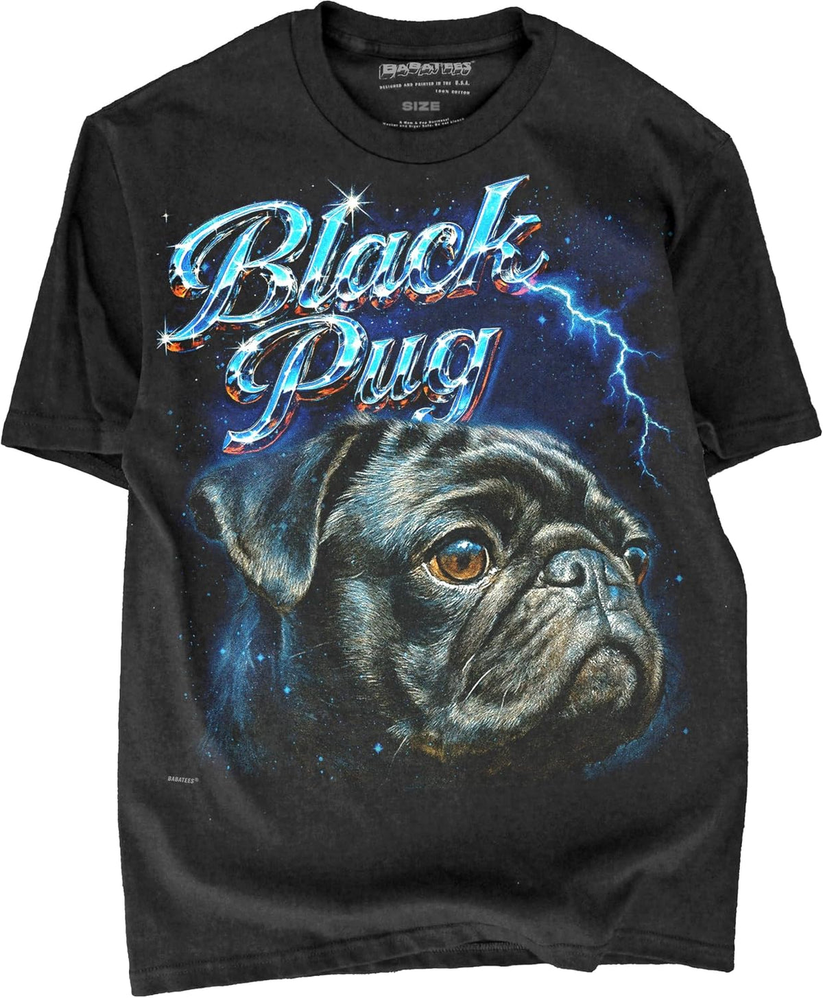 80s Red Heeler Wolf Alpha Dog Graphic Tee, Lightning Bolt and Stars, Black Graphic Tee for Dog Loving Men & Women - Black Pug
