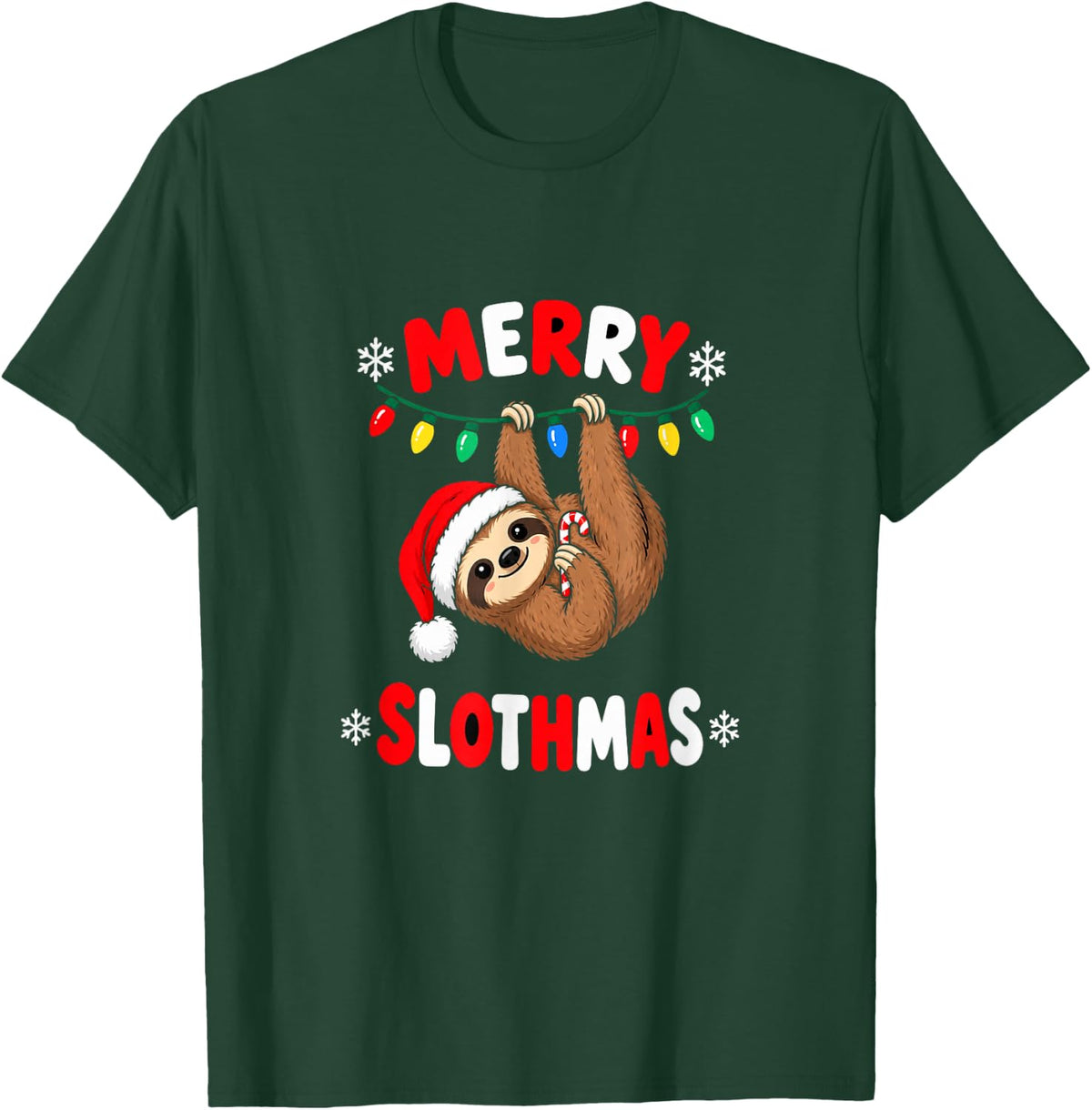 Merry Slothmas Funny Christmas Sloth Santa Hat Candy Cane T-Shirt - Dark Green