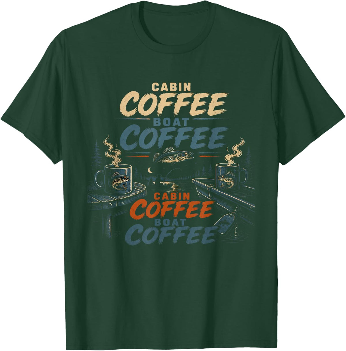 Cabin Coffee Boat Coffee Walleye Fishing Angler Jigging T-Shirt - Dark Green