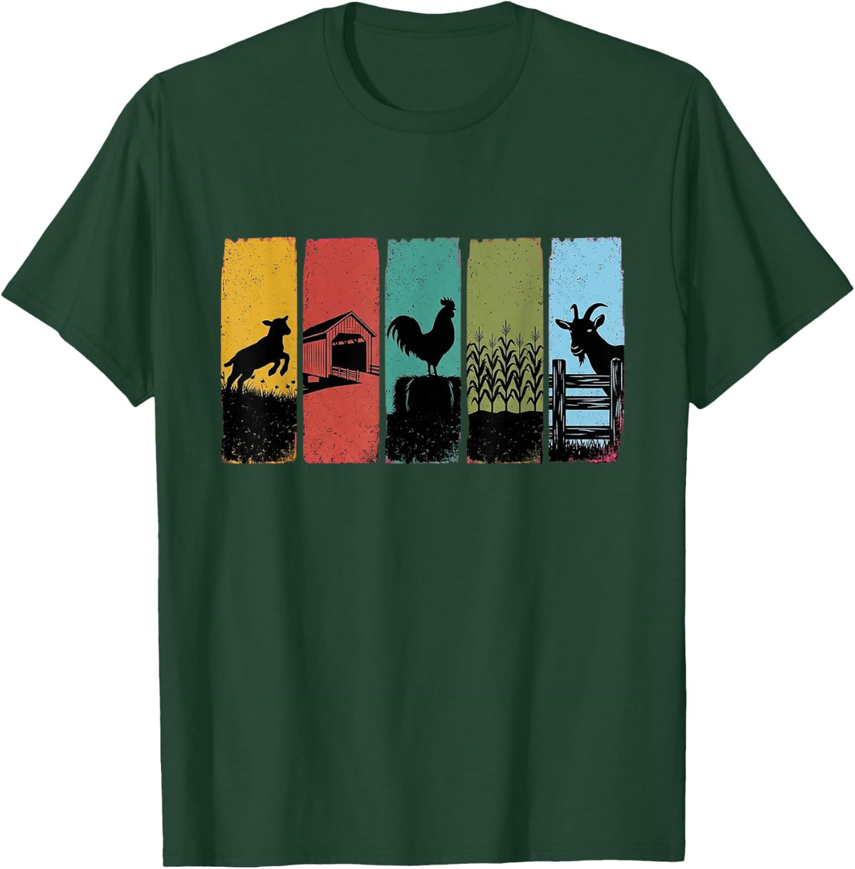 Vintage Farm Animals Rooster Goat Lamb T-Shirt - Dark Green