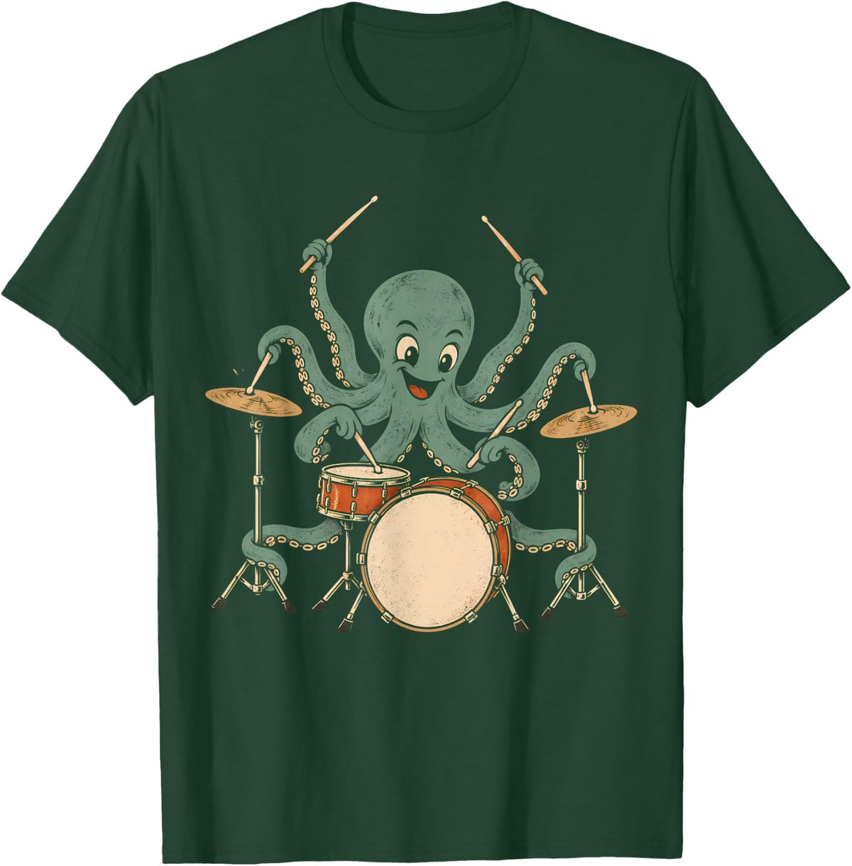 Funny Octopus Drummer Playing Drums Retro Music Lover T-Shirt - Dark Green