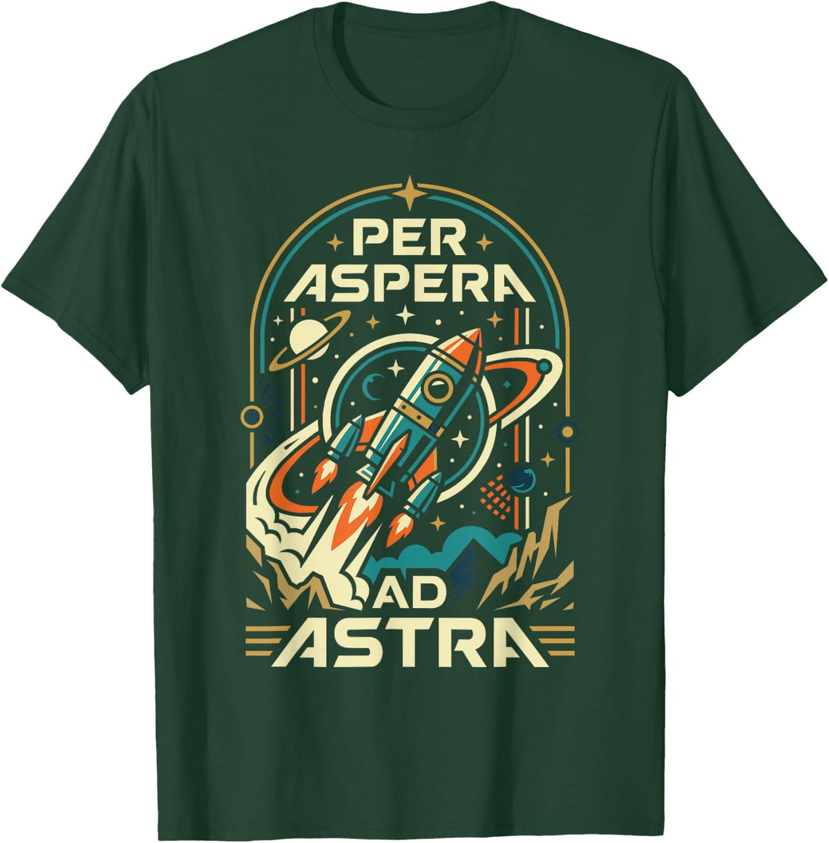 Aspera Ad Astra Vintage Rocket Ship Space Travel T-Shirt - Dark Green