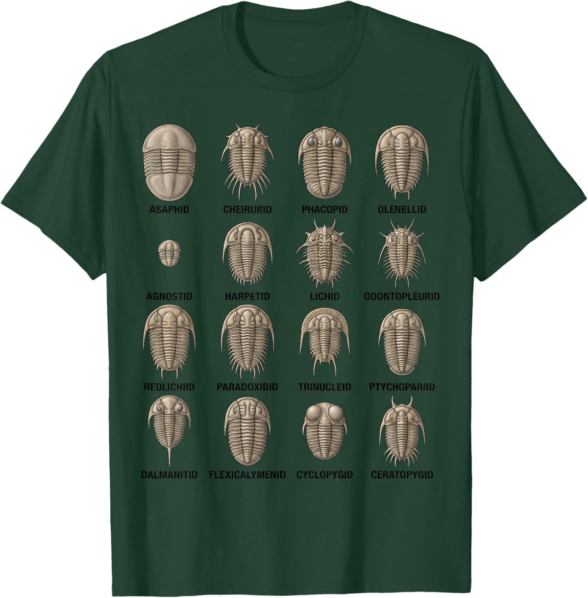 Trilobite Families Chart Paleontology Science Fossil Lovers T-Shirt - Dark Green