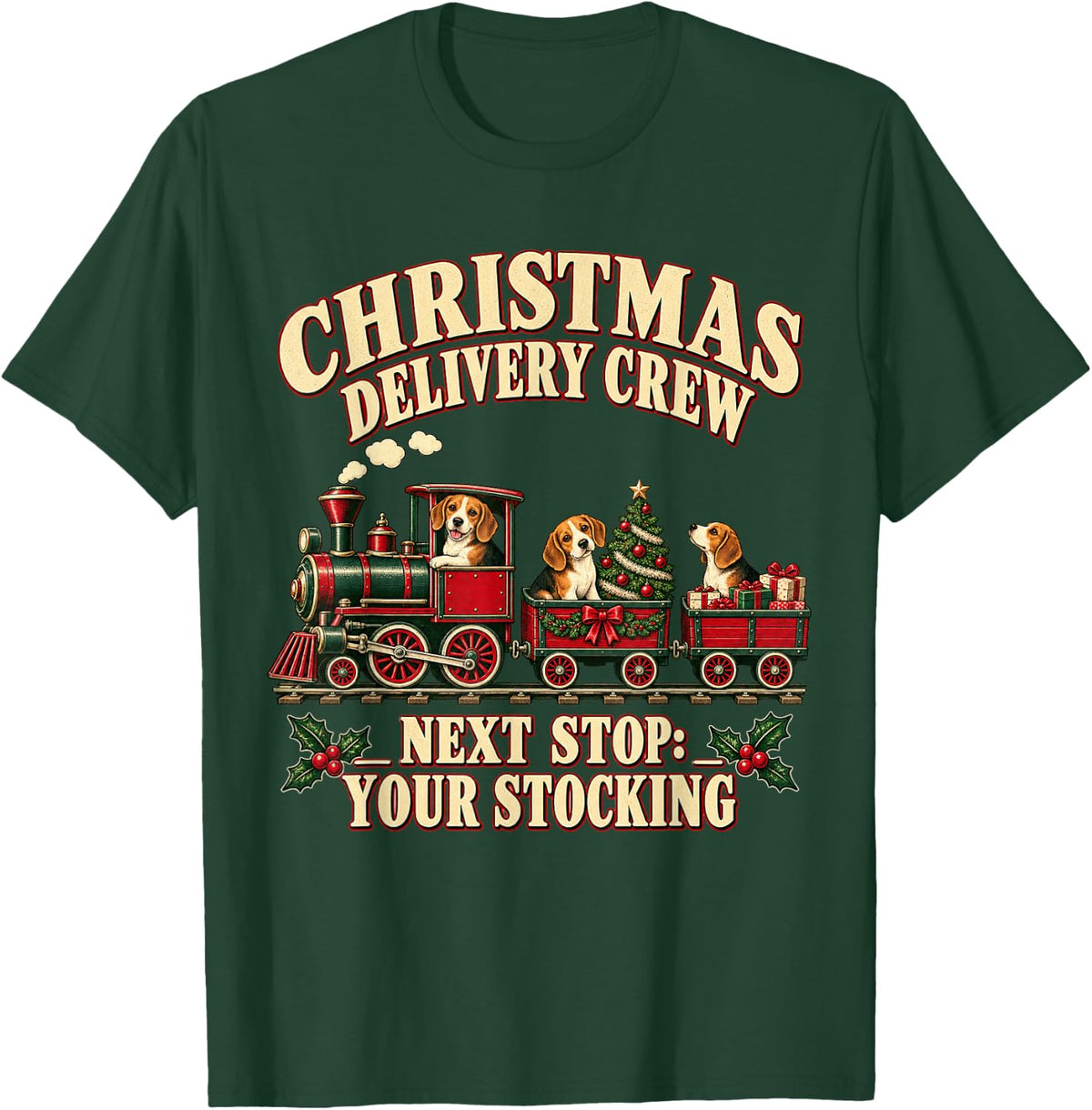 Beagle Dog Funny Xmas Train Crew T-Shirt - Dark Green
