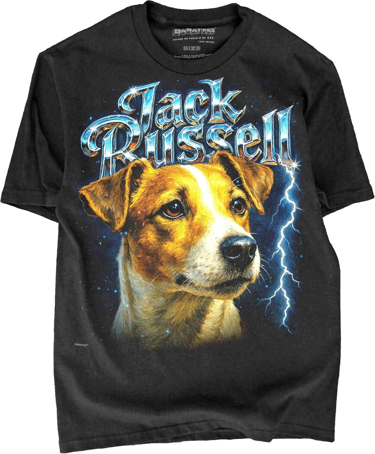 Heavy Metal Tshirt for Men & Women 80s 90s Glam Rock Style with Epic Stars and Lightning - Jack Russell Terrier