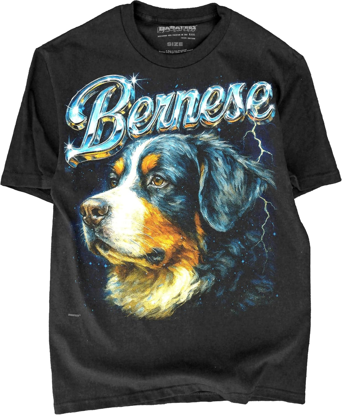 80s Red Heeler Wolf Alpha Dog Graphic Tee, Lightning Bolt and Stars, Black Graphic Tee for Dog Loving Men & Women - Bernese