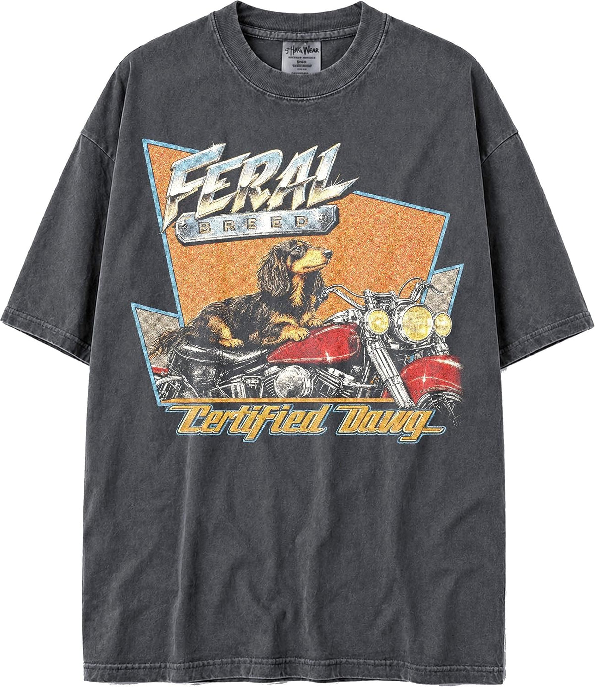 U.S.A. MAX-Heavyweight Faded Shaka Wear Oversized 7.5oz Cotton Tshirt with Biker Animals - Long-haired Dachshund