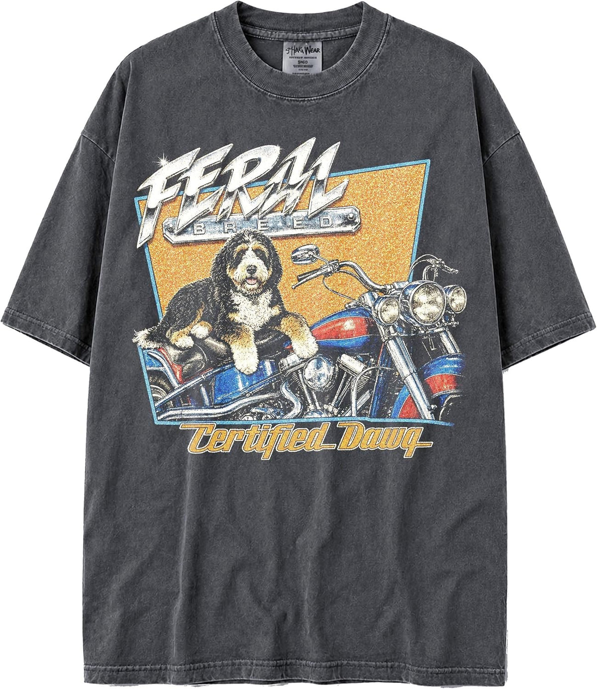 U.S.A. MAX-Heavyweight Faded Shaka Wear Oversized 7.5oz Cotton Tshirt with Biker Animals - Bernedoodle