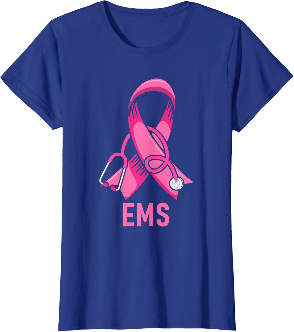 EMS Life Nurse Stethoscope Pink Ribbon Heart Breast Cancer T-Shirt - Royal Blue