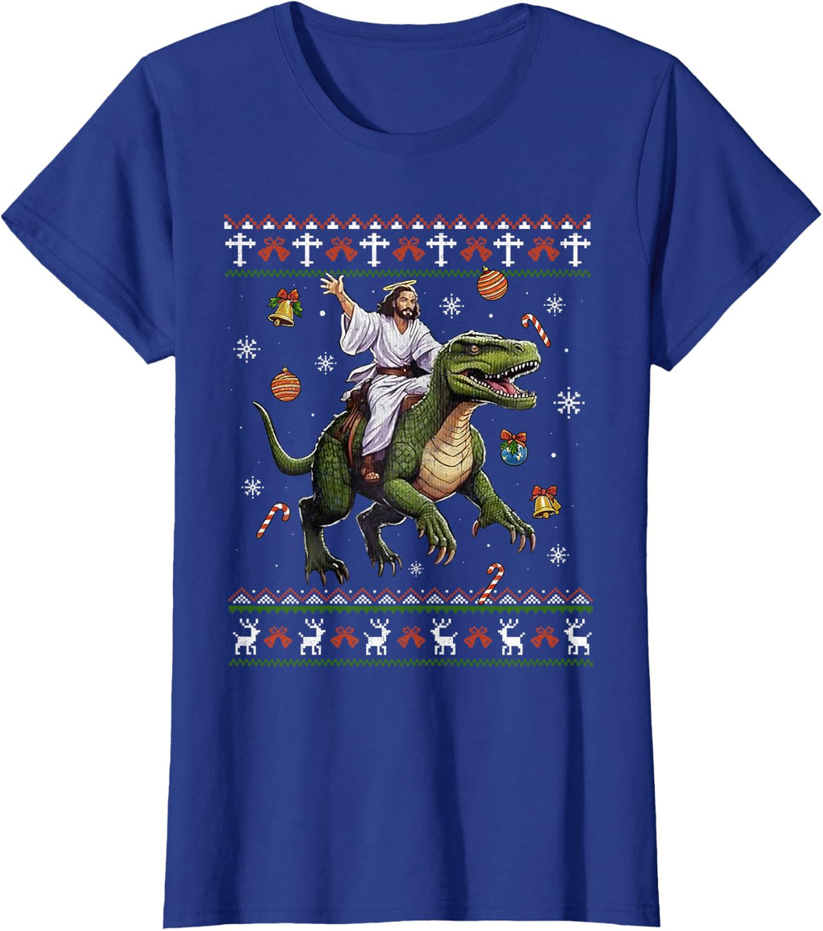 Jesus Riding Dinosaur Funny Meme Ugly Christmas Sweater T-Shirt - Royal Blue