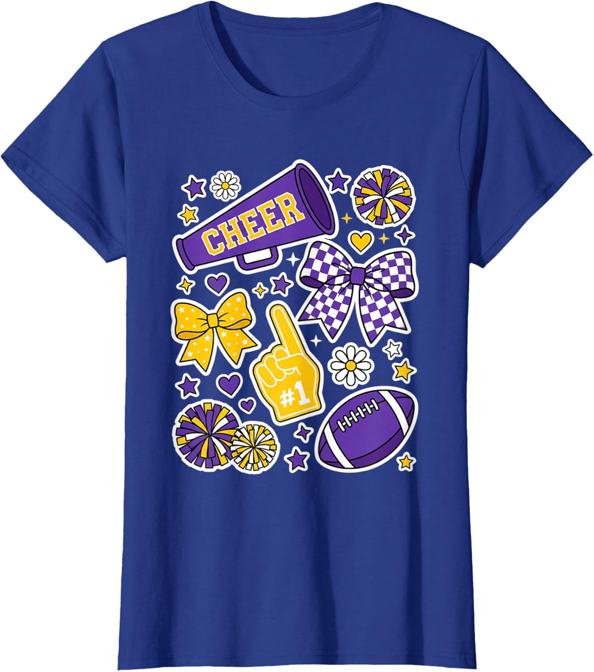 Cheer #1 Football Cheerleader Megaphone Bows Pom Poms T-Shirt - Royal Blue