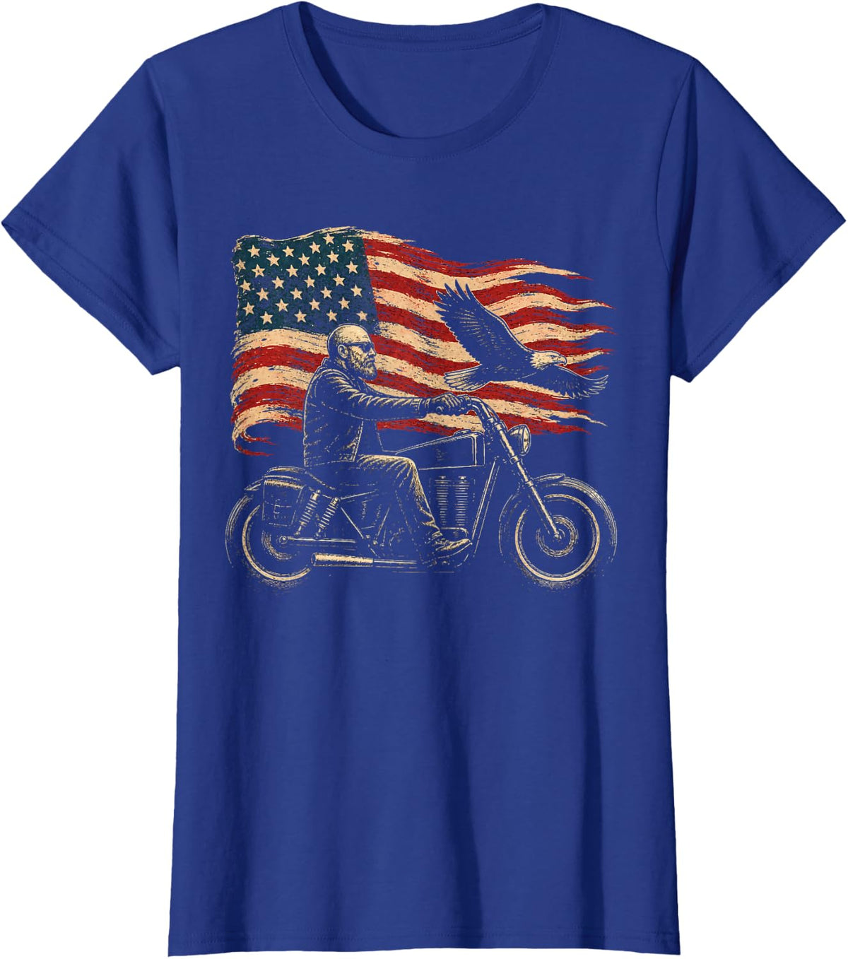 American Flag Motorcycle Patriotic Biker Bald Eagle Woodcut T-Shirt - Royal Blue