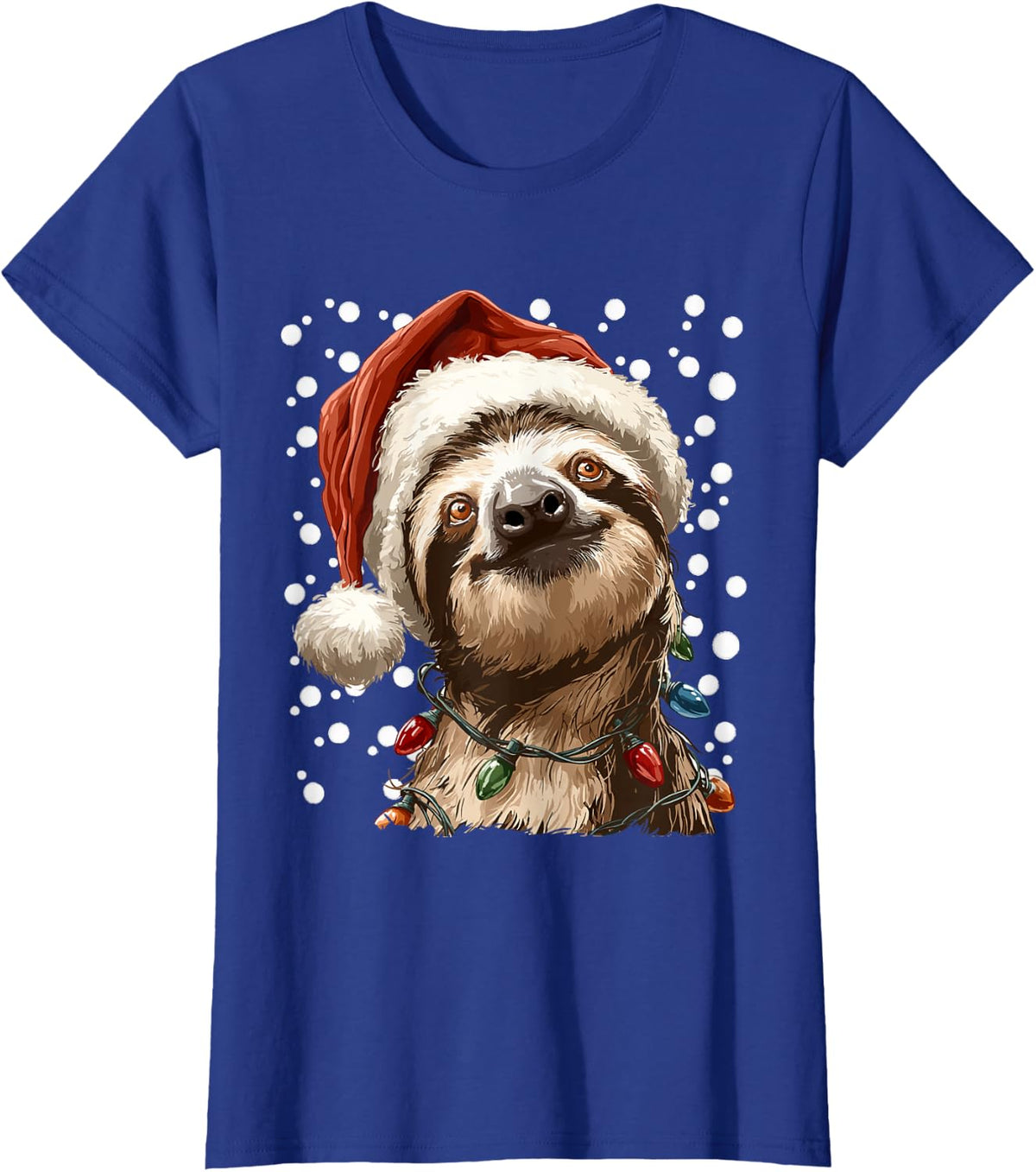 Christmas Sloth with Santa Hat Festive Lights and Snow Xmas T-Shirt - Royal Blue