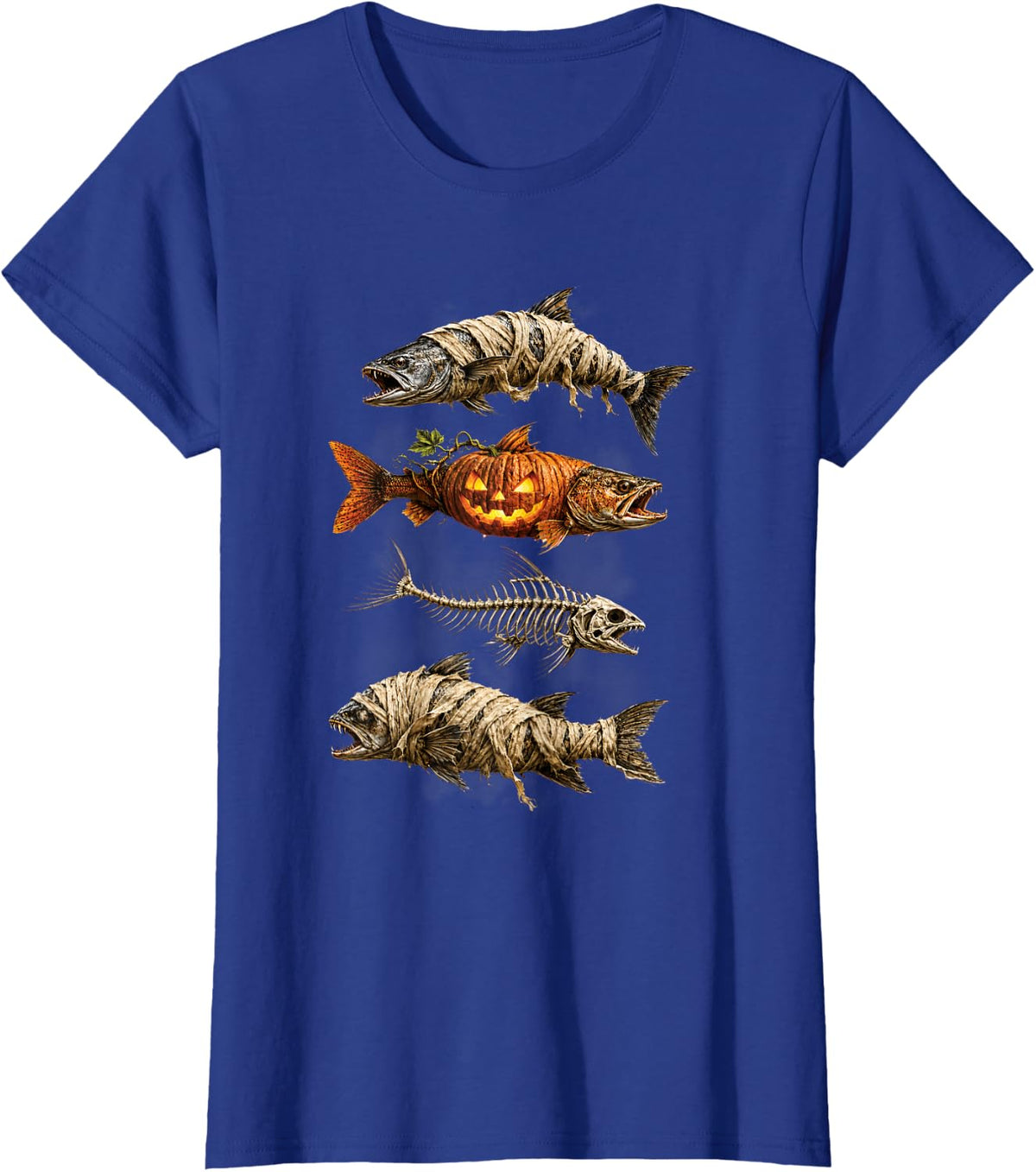 Fish Ghost Pumpkin Skeleton Mummy T-Shirt - Royal Blue