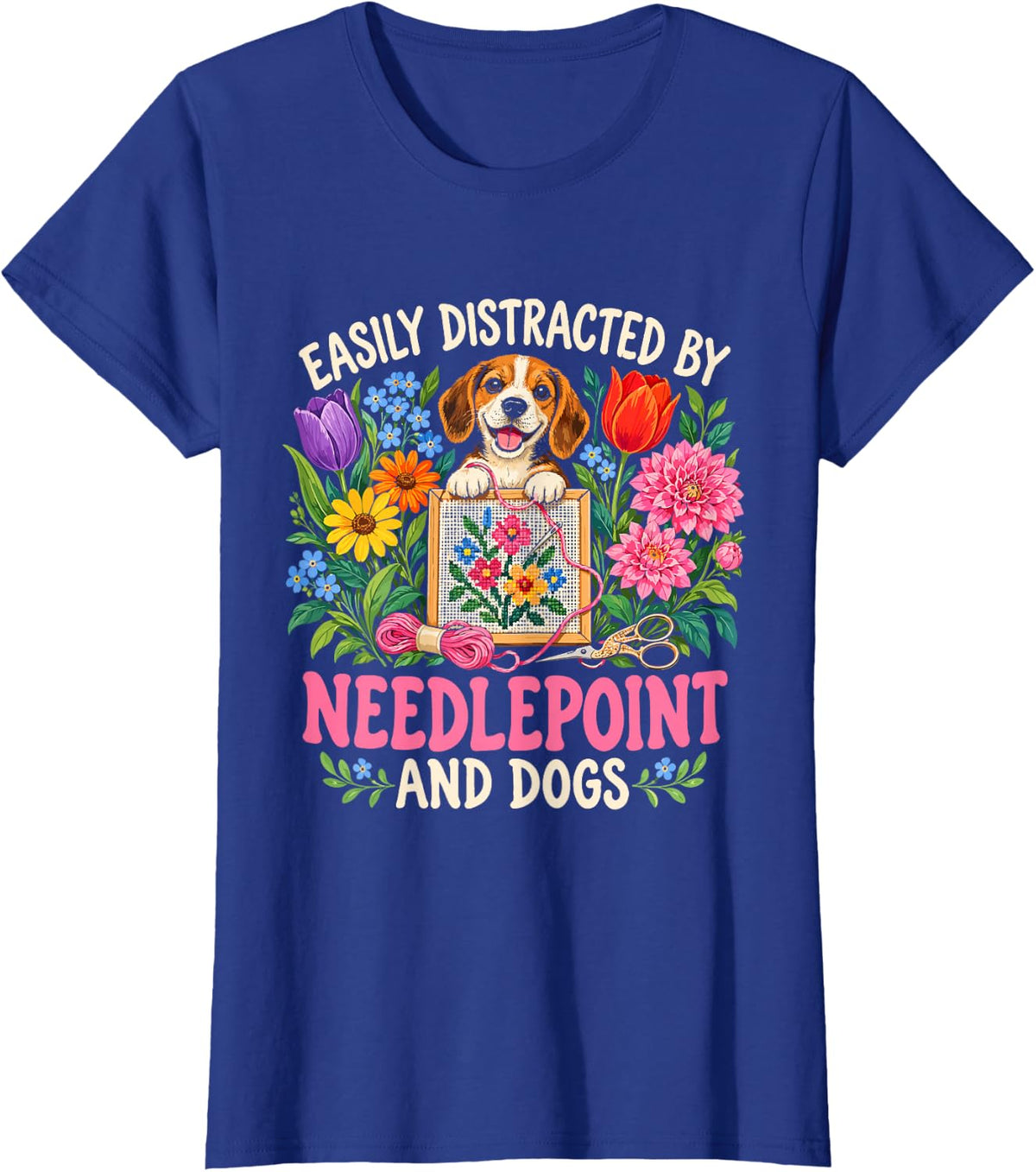 Beagle Puppy Flowers - Needlepoint T-Shirt - Royal Blue