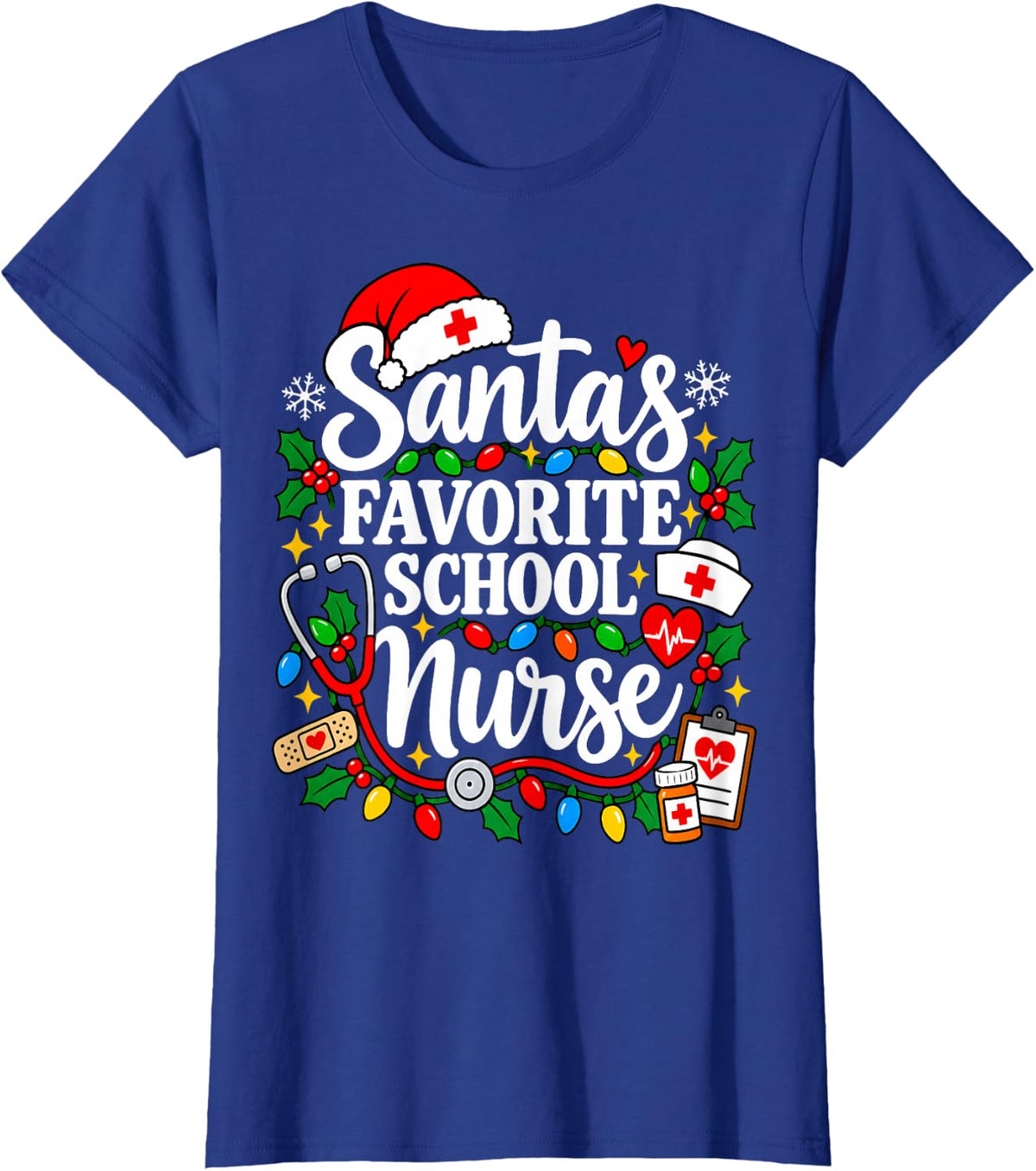 Santa's Favorite School Nurse Christmas Stethoscope T-Shirt - Royal Blue