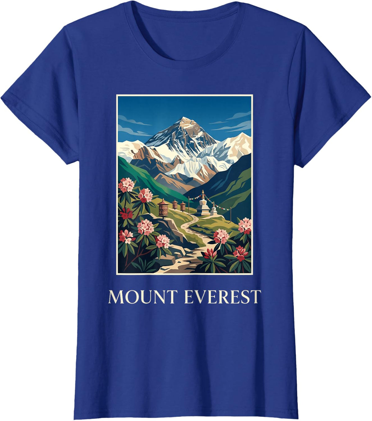 Mount Everest Himalayan Peak Scenic Travel Illustration T-Shirt - Royal Blue