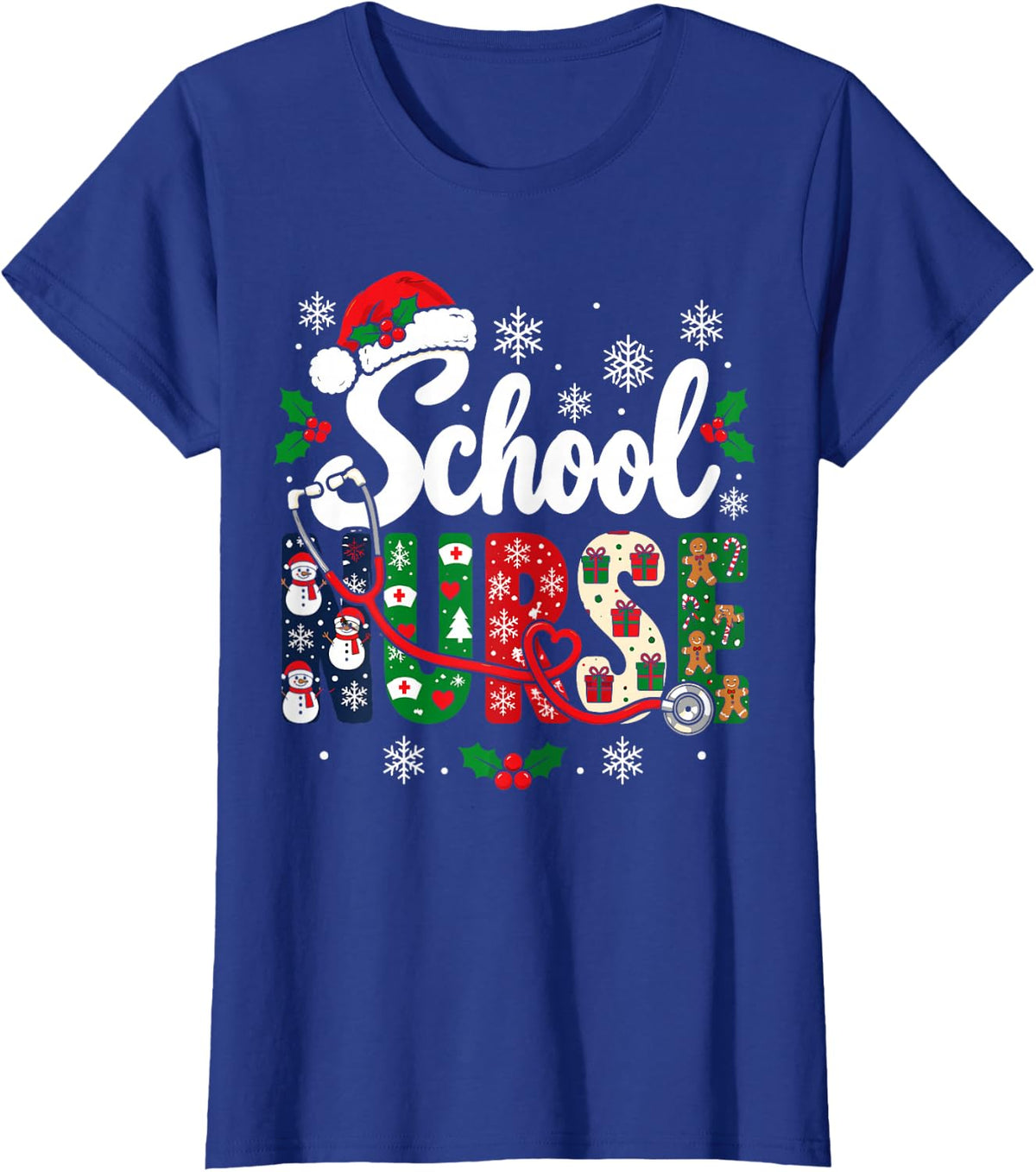 Christmas School Nurse Snowman Stethoscope Xmas T-Shirt - Royal Blue