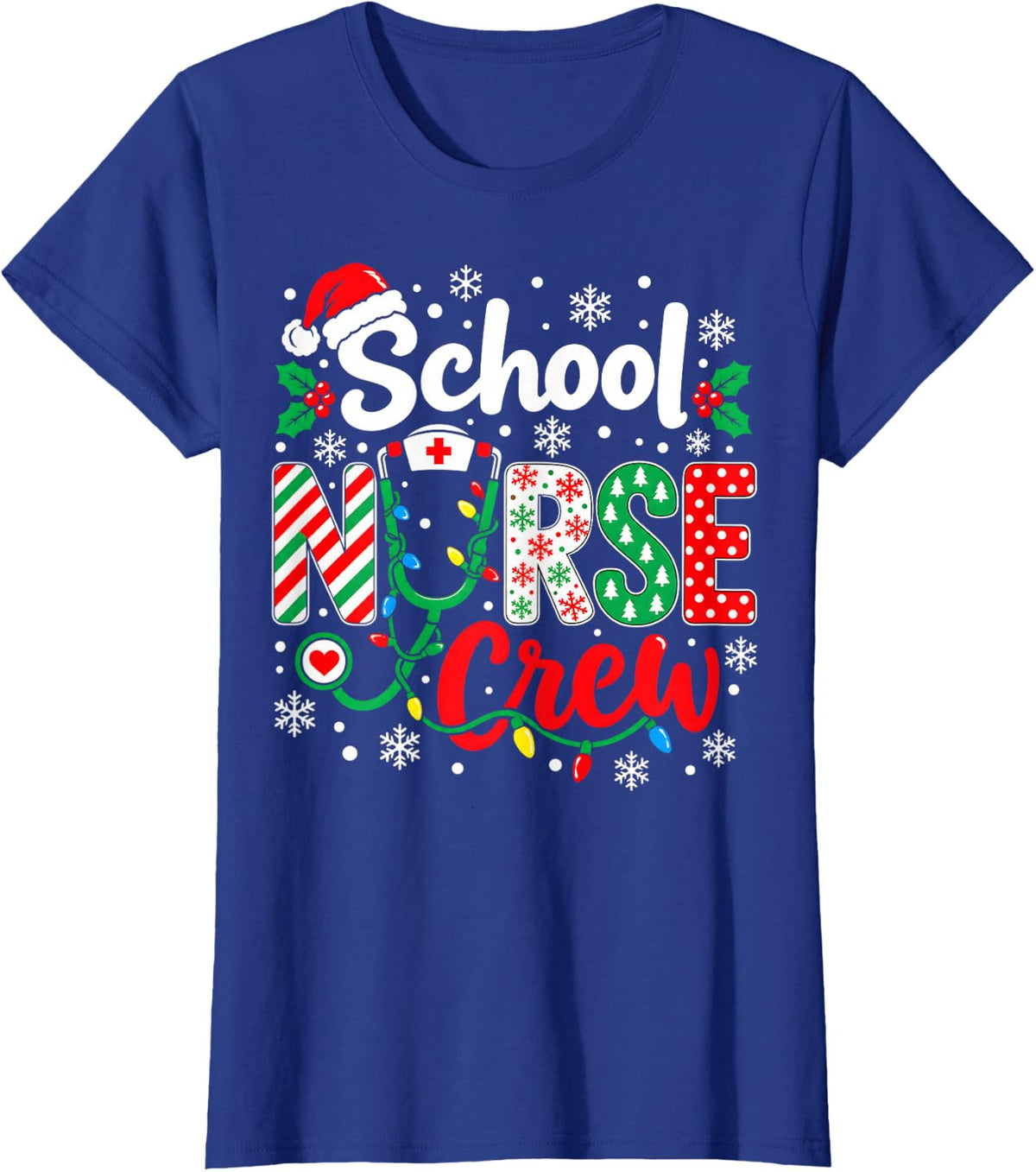 School Nurse Crew Christmas Stethoscope Xmas Lights T-Shirt - Royal Blue