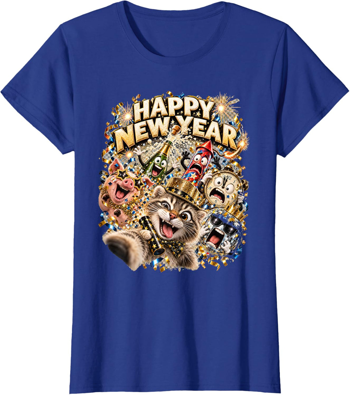 Happy New Year Cat Selfie Gold Confetti Party Art T-Shirt - Royal Blue