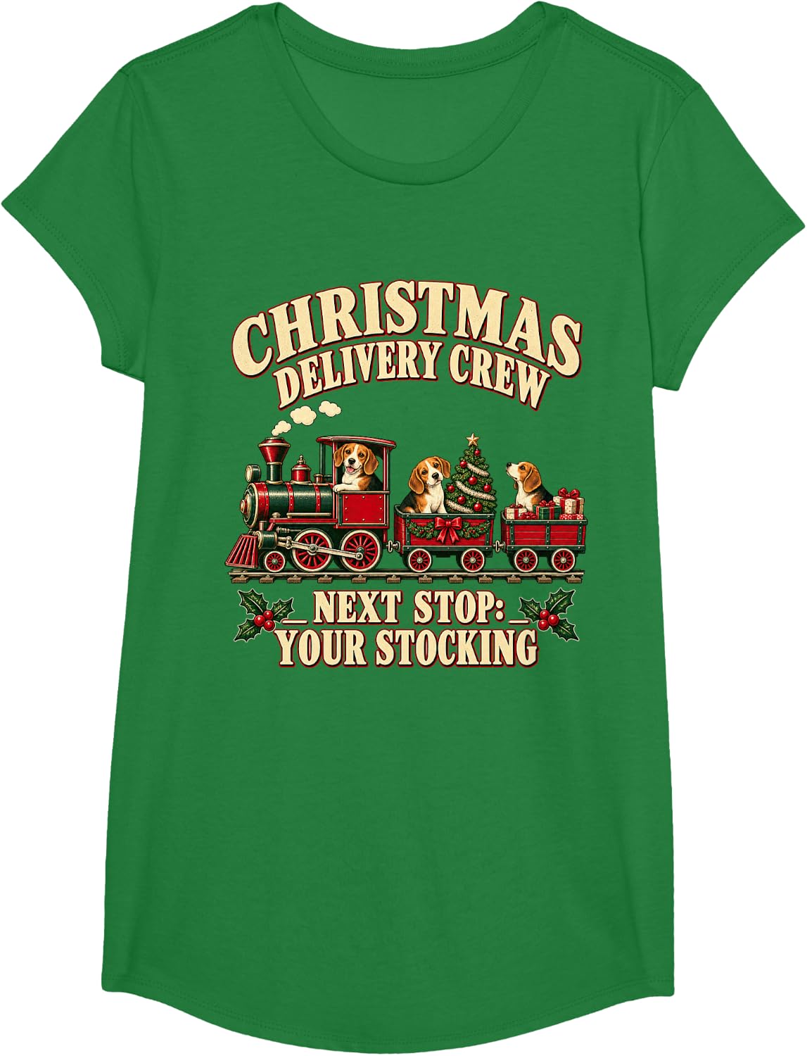 Beagle Dog Funny Xmas Train Crew T-Shirt - Girls Kelly Green