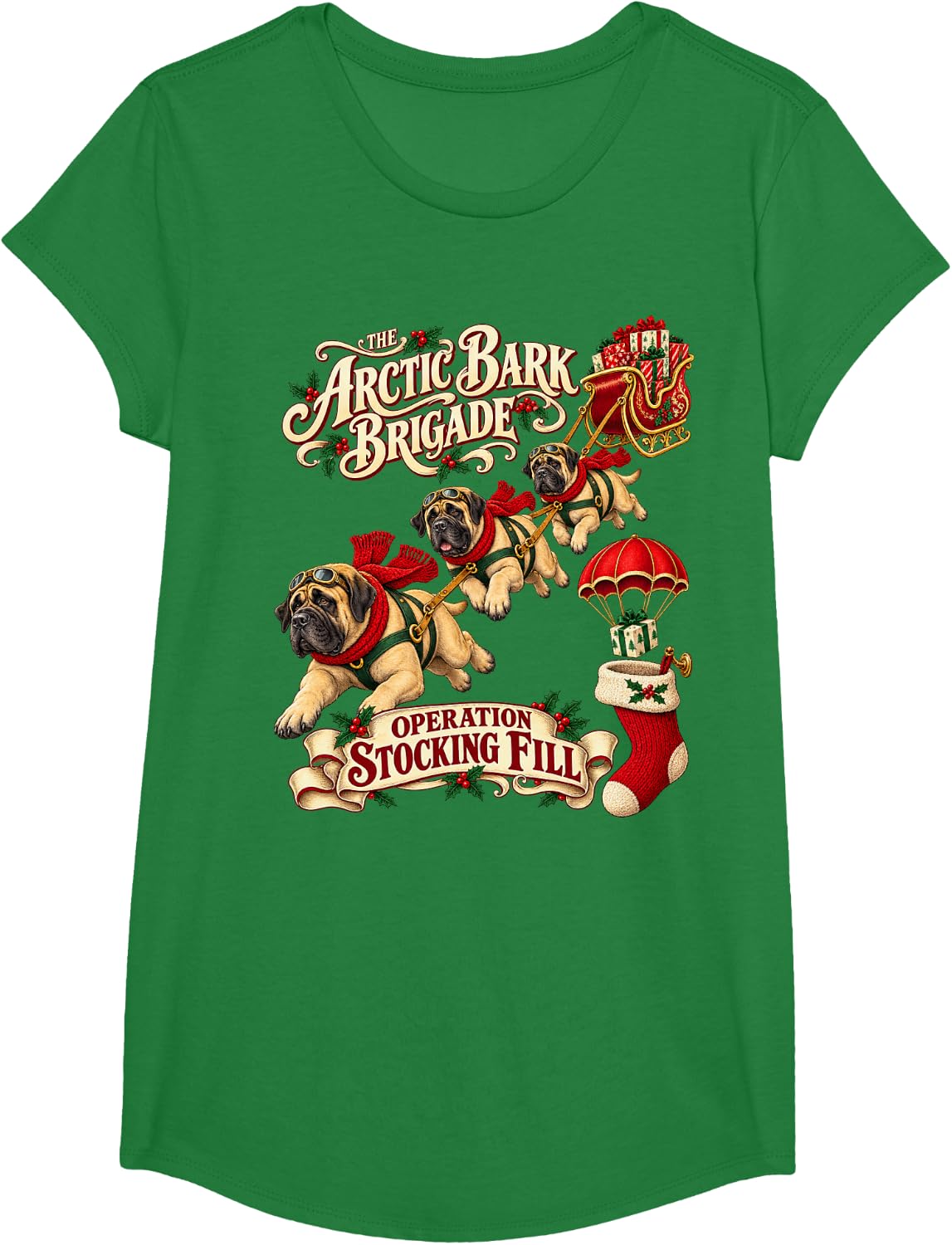 Mastiff Dog Classic Xmas Stocking T-Shirt - Girls Kelly Green