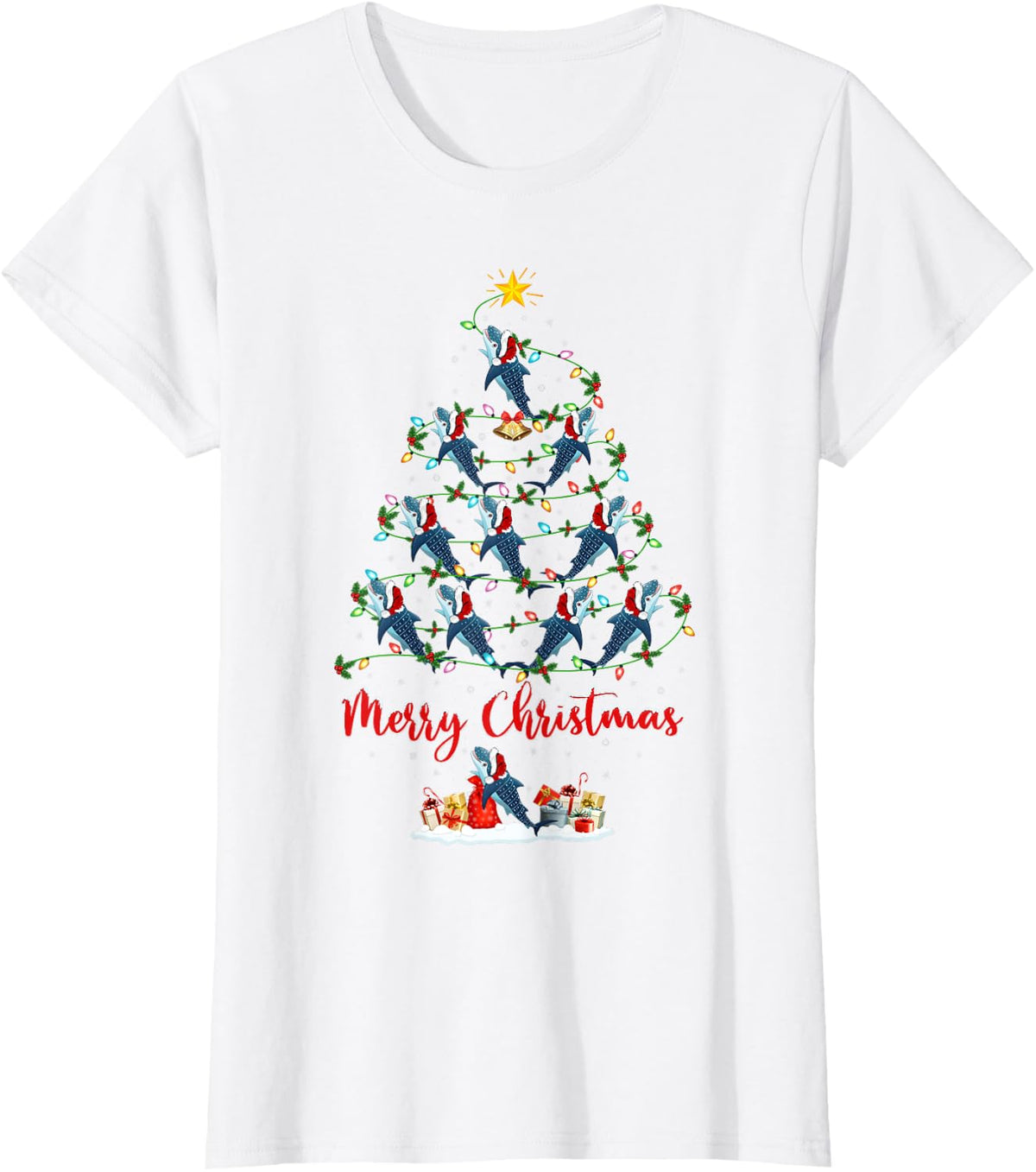 Whale Shark Christmas Tree Lights Funny Whale Shark Xmas T-Shirt - White