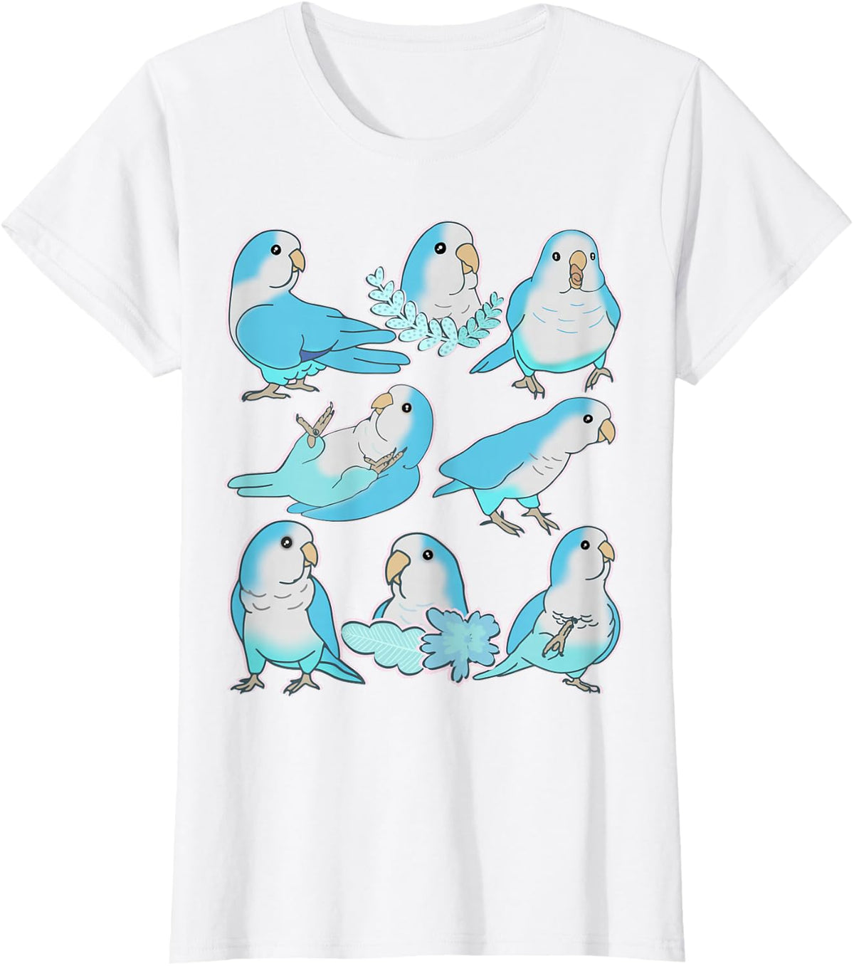 Cute Bird Doodle Pattern Blue Quaker Parrot T-Shirt - White