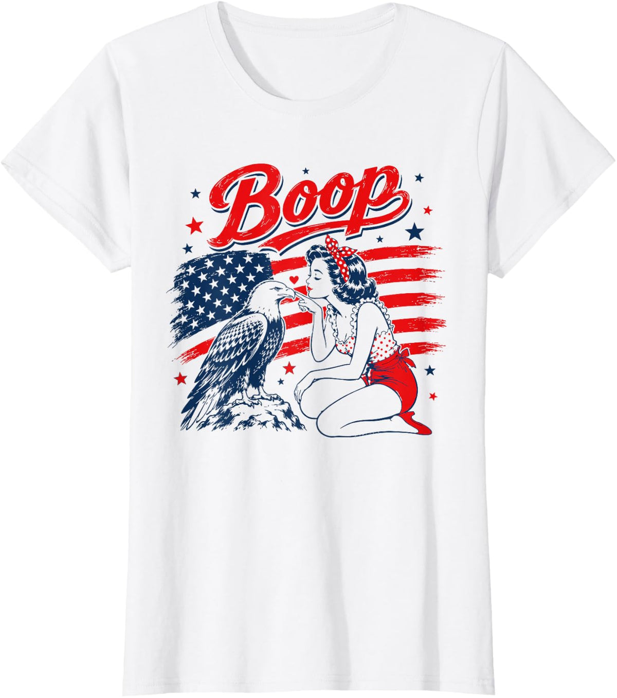 Patriotic Pinup Girl Bald Eagle Boop 4th of July Shirt Tees T-Shirts for Women Girls - White