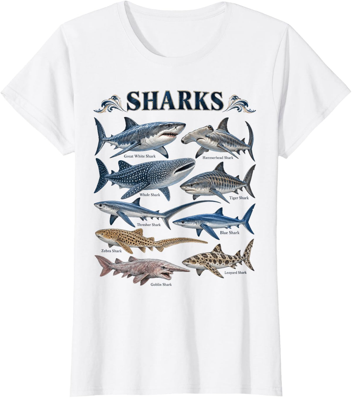 Sharks Hammerhead Whale Thresher Blue Zebra Goblin Leopard T-Shirt - White