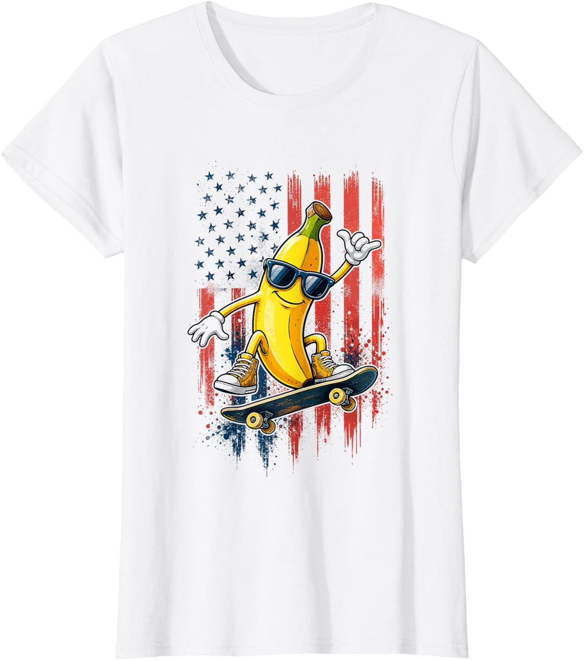 Skateboarding Banana Skateboard USA America Flag 4th of July T-Shirt - White