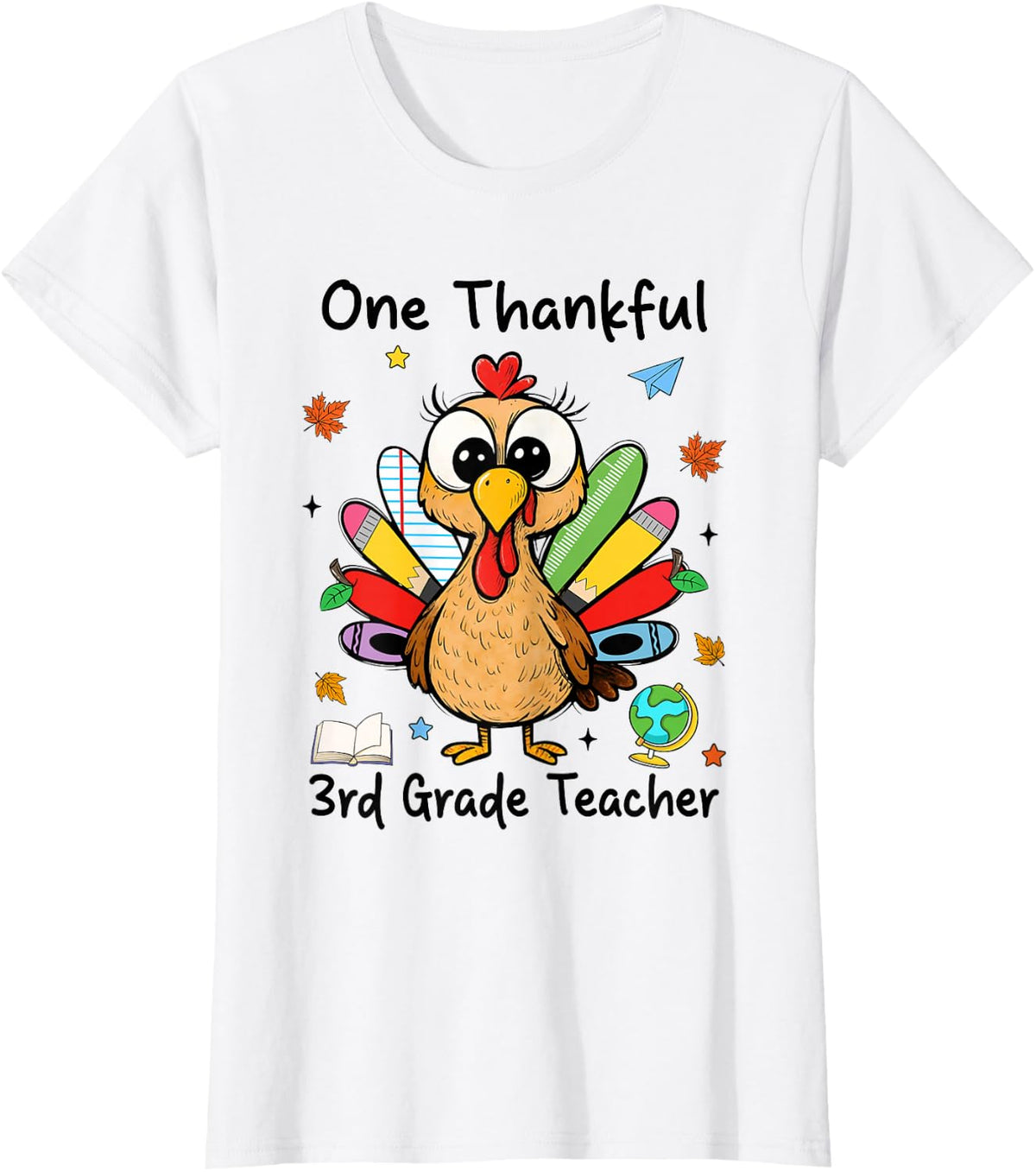 Pencil Notebook Turkey One Thankful 3rd Grade Teacher T-Shirt - White