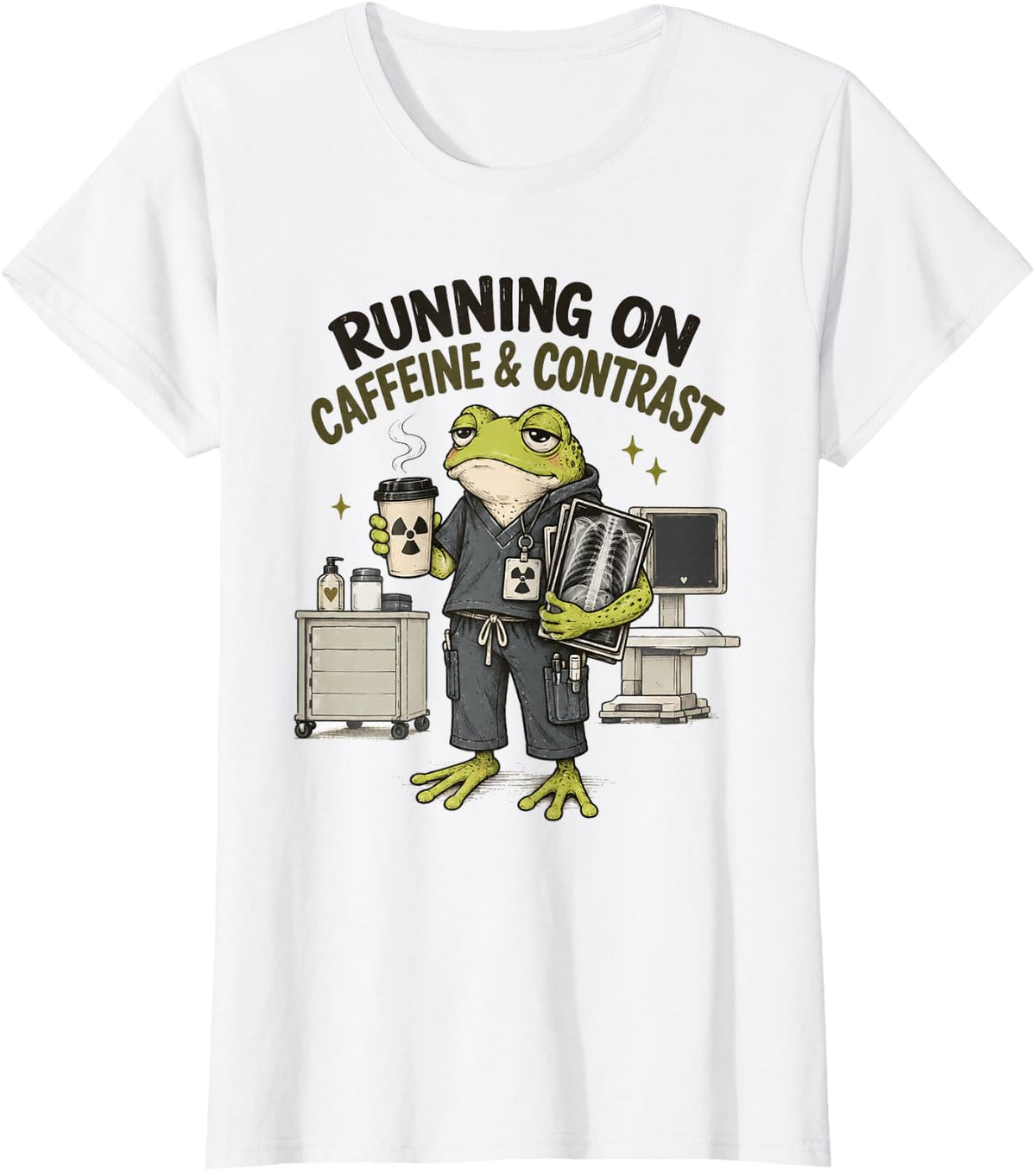 Coffee Radiology Rad Tech Frog Running On Caffeine Contrast T-Shirt - White
