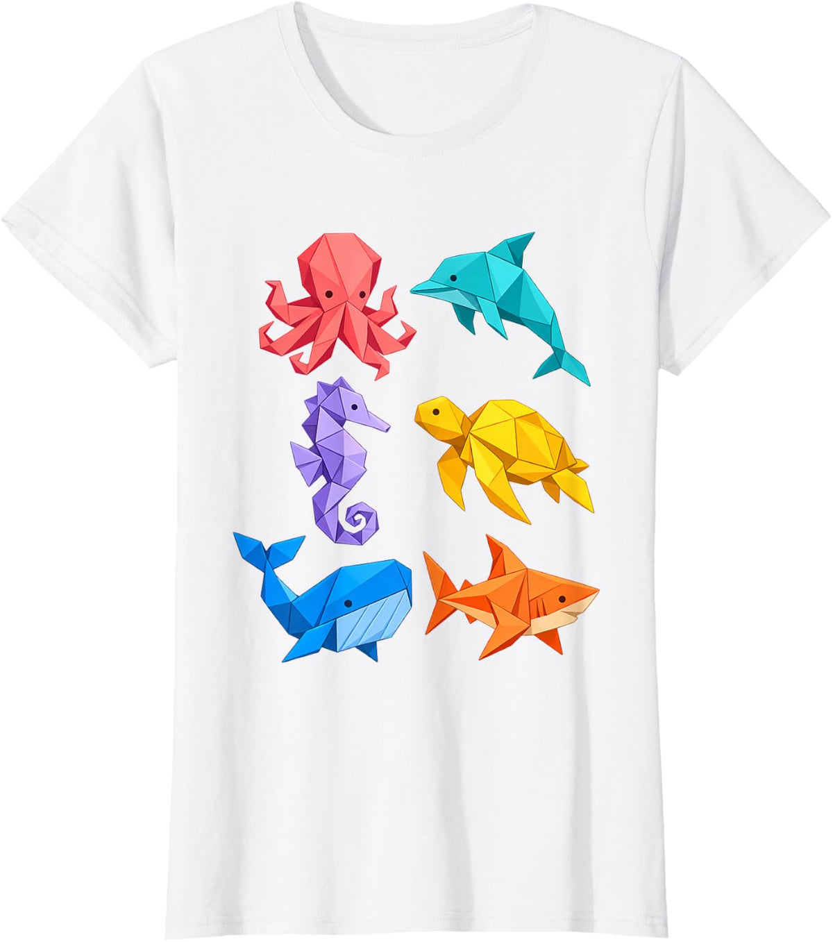 Origami Sea Animals Octopus Dolphin Whale Turtle Shark T-Shirt - White