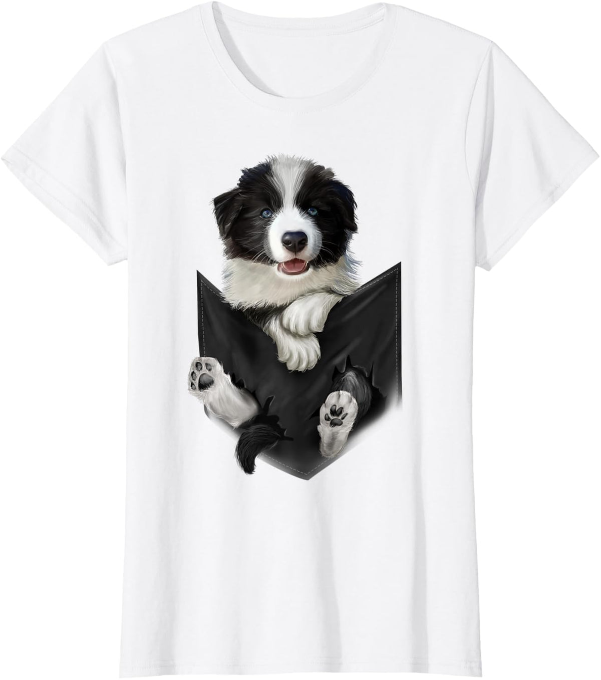 Border Collie in Pocket T-Shirt Dogs Tee Shirt Gifts - White